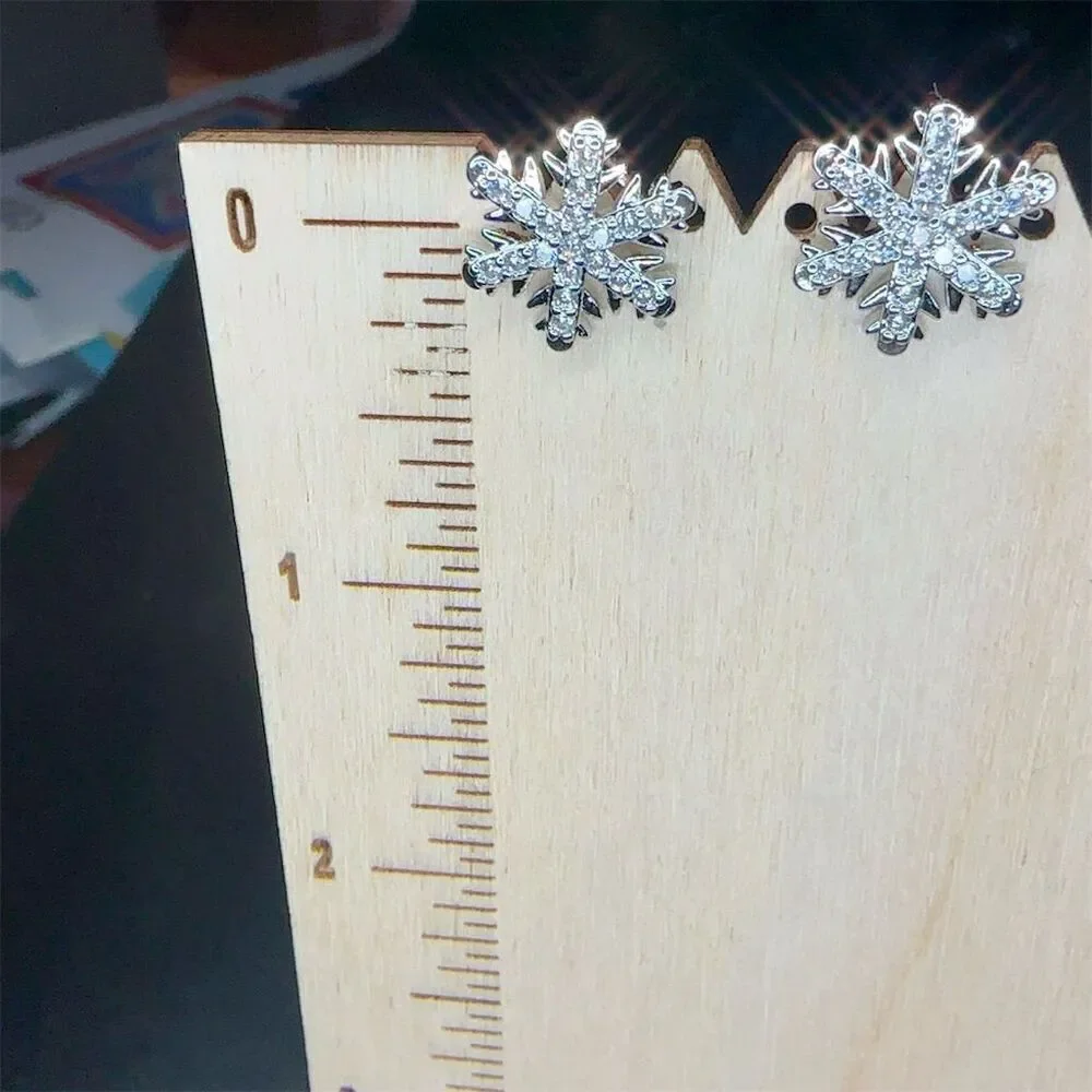 Silver Snowflake Crystal CZ Stud Earrings Christmas Theme - Picture 3 of 8